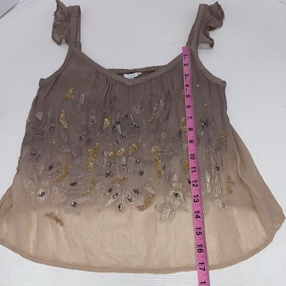 Guess Embellished Semi Sheer Ombre Tan And Cream Tone Blouse With Chiffon Straps - Picture 8 of 8